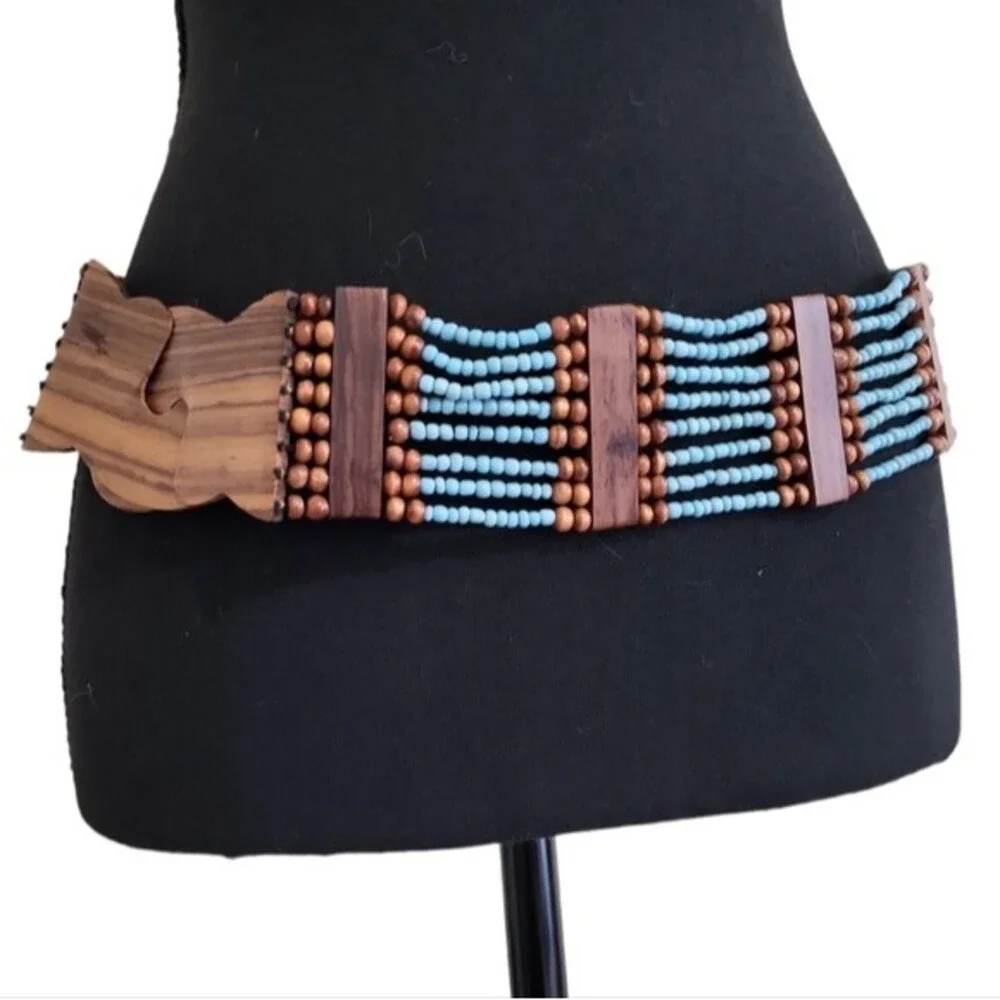 EUC women's blue & brown beaded boho Bohemian belts, 32.5